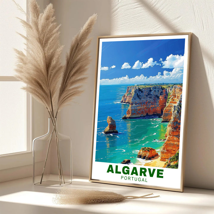 Vibrant turquoise sea and golden cliff colors lend an uplifting mood to this Algarve Cliffs, Portugal travel print. Browse archival framed, unframed, and canvas options at MapYourDreams to build a travel decor wall gallery.