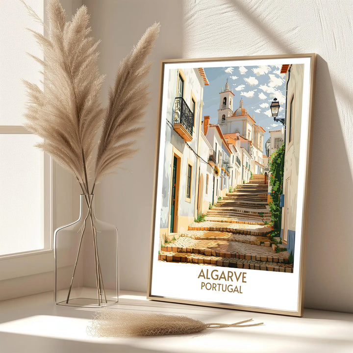 Historic Mediterranean vibes and picturesque alley graphics define this Faro Old Town, Portugal travel poster print. MapYourDreams features high-resolution framed, unframed, and canvas options for hallway wall decor.