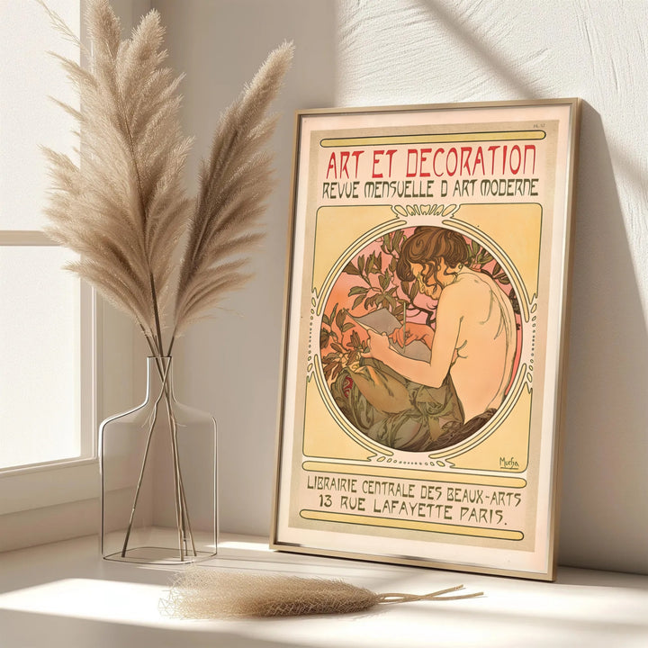 Dynamic French illustration poster Art Et Decoration by artist Alphonse Mucha featuring Paris magazine cover art at 13 Rue Lafayette Paris. MapYourDreams features framed, unframed, and canvas print options for office wall art decor.