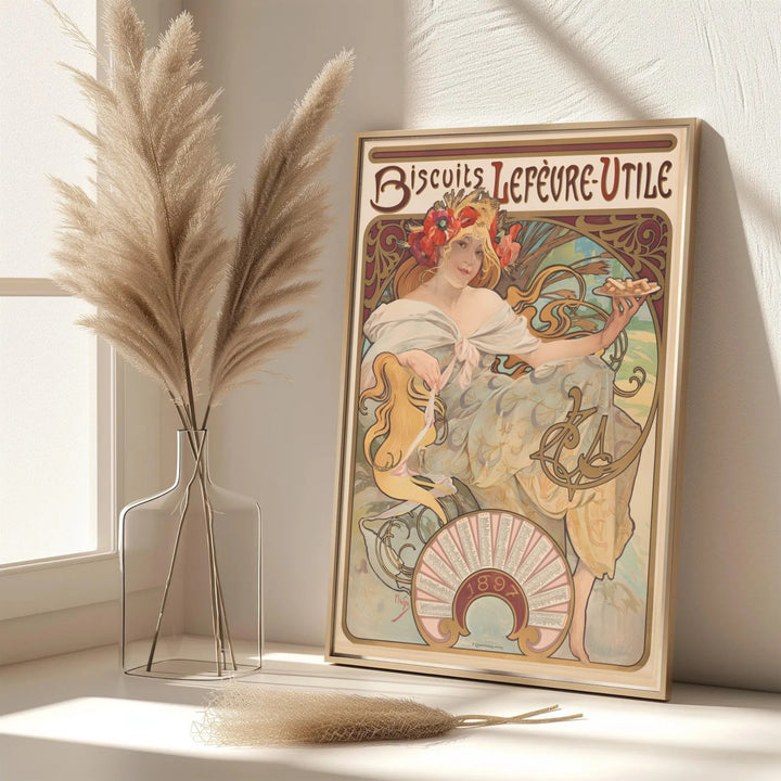Dynamic French illustration poster Biscuits Lefevre Utile by artist Alphonse Mucha featuring LU bakery art in Nantes France. MapYourDreams features framed, unframed, and canvas print options for dining room wall art decor.