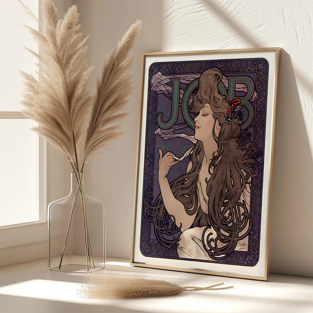 Serene Art Nouveau print JOB Cigarette Papers by artist Alphonse Mucha from 1896 French advertising series in Paris France for lounge wall decor. Select framed, unframed poster, or gallery canvas choices at MapYourDreams.