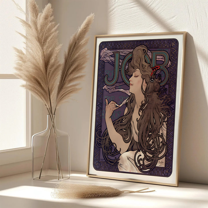 Serene Art Nouveau print JOB Cigarette Papers by artist Alphonse Mucha from 1896 French advertising series in Paris France for lounge wall decor. Select framed, unframed poster, or gallery canvas choices at MapYourDreams.