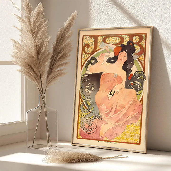 Dynamic French illustration poster JOB Cigarette Papers by artist Alphonse Mucha featuring Champenois printing house art at Boulevard Saint-Michel Paris. MapYourDreams features framed, unframed, and canvas print options for bedroom wall art decor.