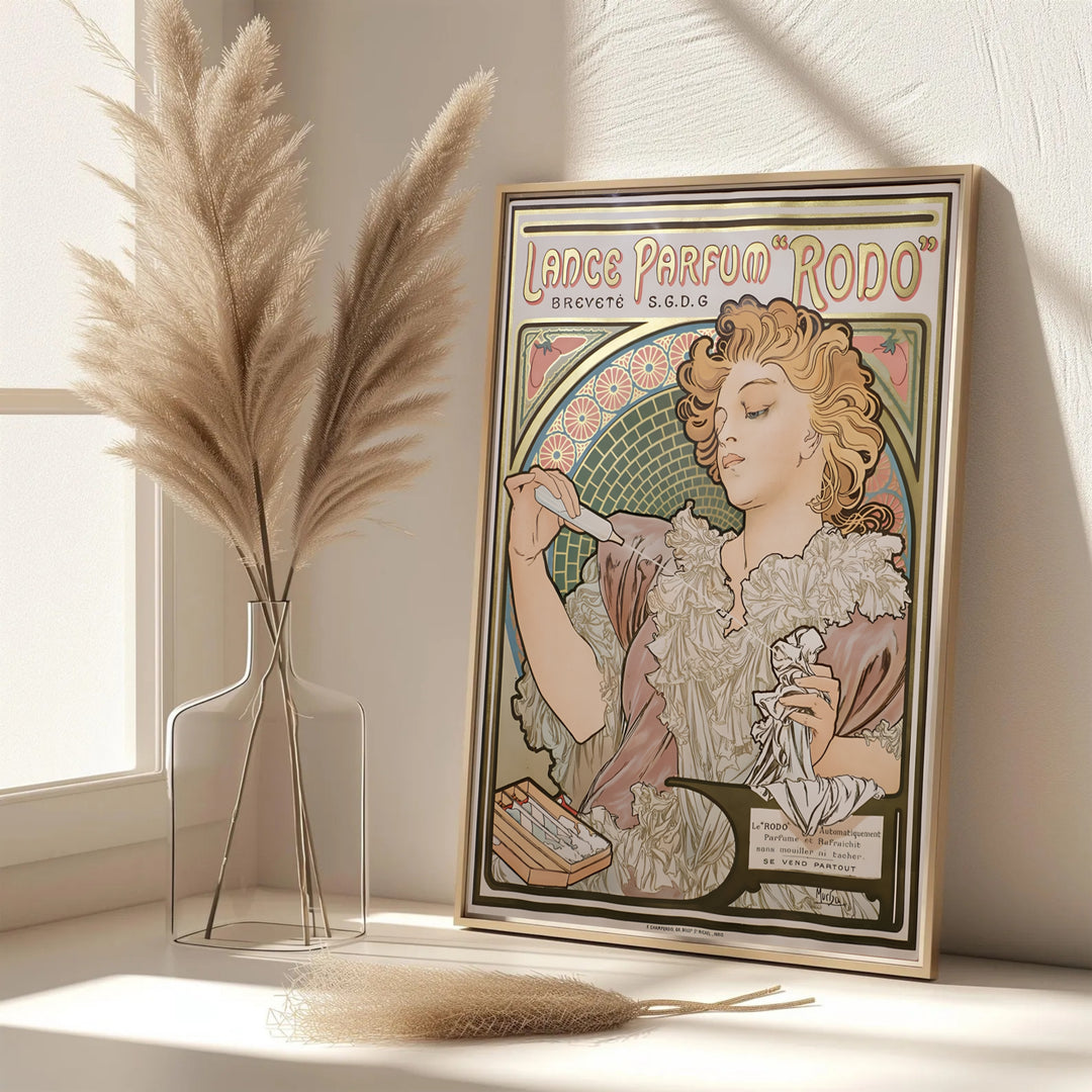 Dynamic French illustration poster Lance Parfum Rodo by artist Alphonse Mucha featuring perfume bottle art in Paris France. MapYourDreams features framed, unframed, and canvas print options for vanity wall art decor.