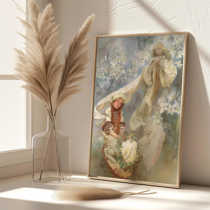 Dynamic European painting poster Madonna Of The Lilies by artist Alphonse Mucha featuring white lily botanicals in Prague Bohemia. MapYourDreams features framed, unframed, and canvas print options for peaceful wall art decor.