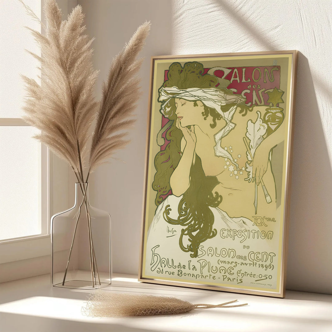 Dynamic Parisian graphic poster Salon Des Cent by artist Alphonse Mucha featuring muted crimson and green tones at 31 Rue Bonaparte Paris. MapYourDreams features framed, unframed, and canvas print options for living room wall art.
