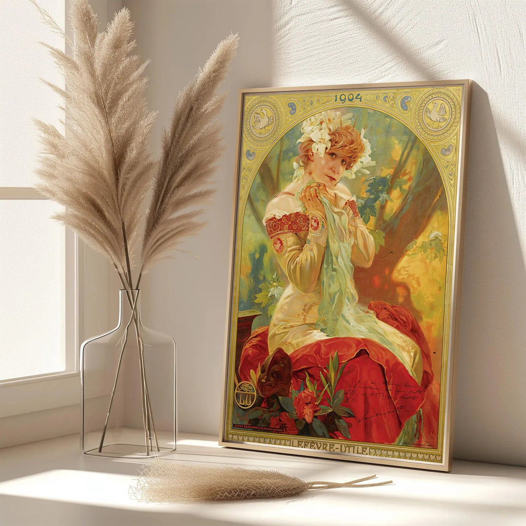 Elegant crimson and gold poster print of Sarah Bernhardt by Alphonse Mucha in Paris France, offered as an unframed paper print, gallery canvas wrap, or custom framed wall decor print from MapYourDreams.