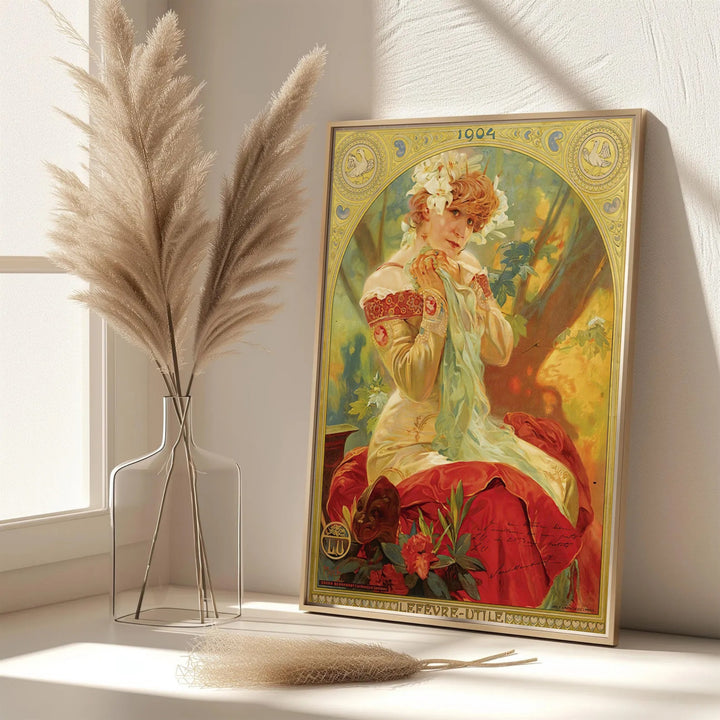 Elegant crimson and gold poster print of Sarah Bernhardt by Alphonse Mucha in Paris France, offered as an unframed paper print, gallery canvas wrap, or custom framed wall decor print from MapYourDreams.