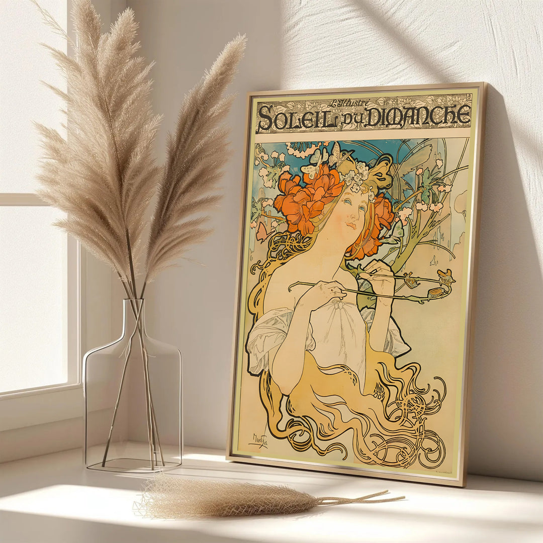 Serene Art Nouveau print Soleil Du Dimanche by artist Alphonse Mucha from 1898 Paris series at Soleil Du Dimanche for bedroom wall decor. Select framed, unframed poster, or gallery canvas choices at MapYourDreams.