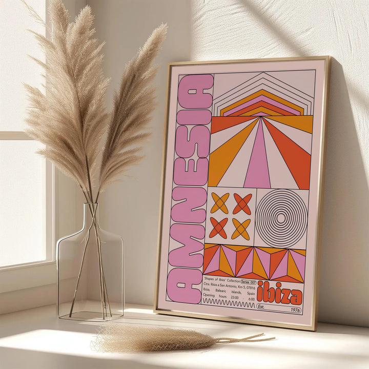 Elegant nightclub art print featuring stylized geometric star shapes, radiating sunbursts, and Amnesia Ibiza text, provided by MapYourDreams with options for an unframed paper print, a gallery wrapped canvas, or a custom framed presentation style for lovers of electronic dance music history.
