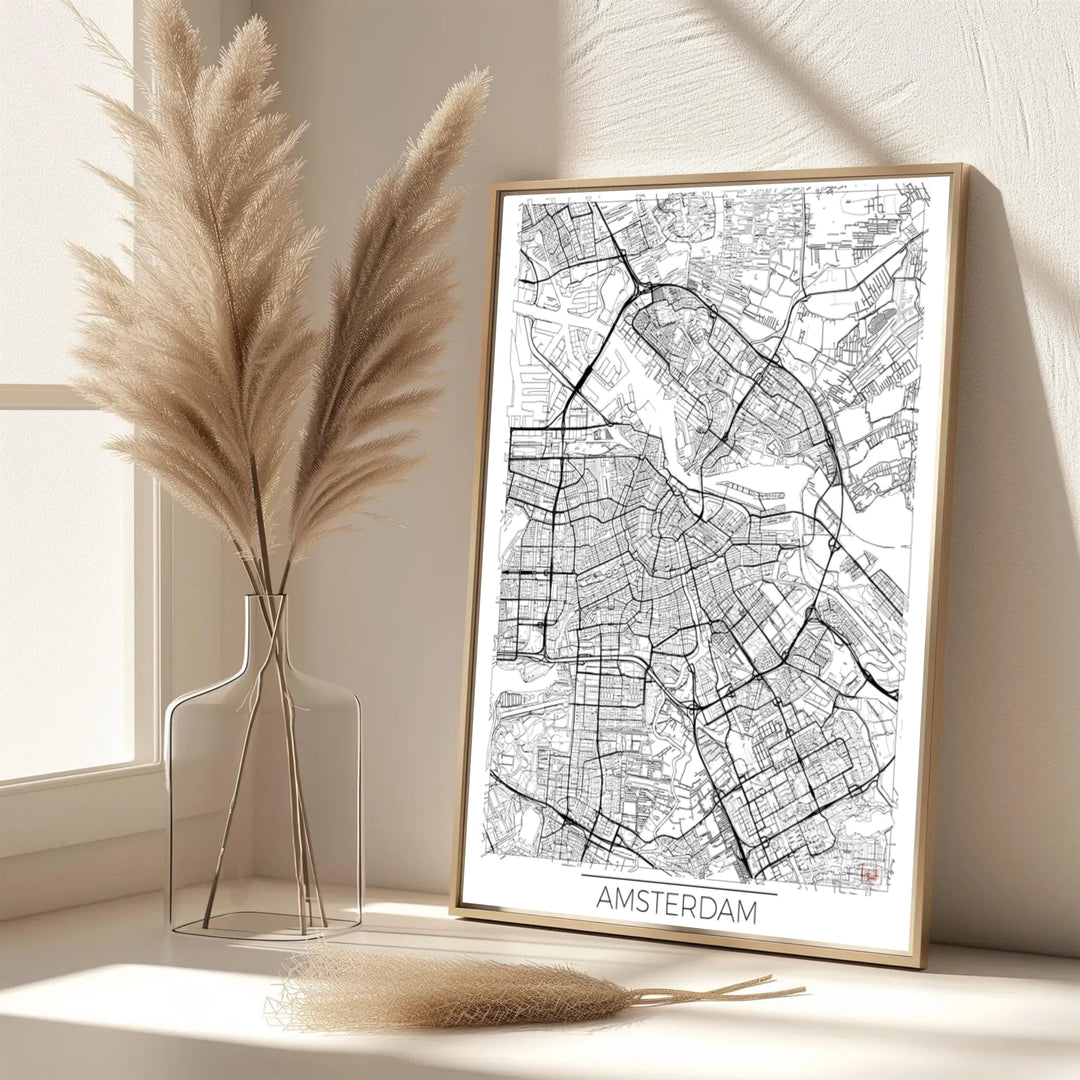 Elegant monochrome map print featuring the detailed road network and geographic contours of Amsterdam Netherlands, provided by MapYourDreams as an unframed paper print, a gallery wrapped canvas, or a custom framed presentation style for map collectors.