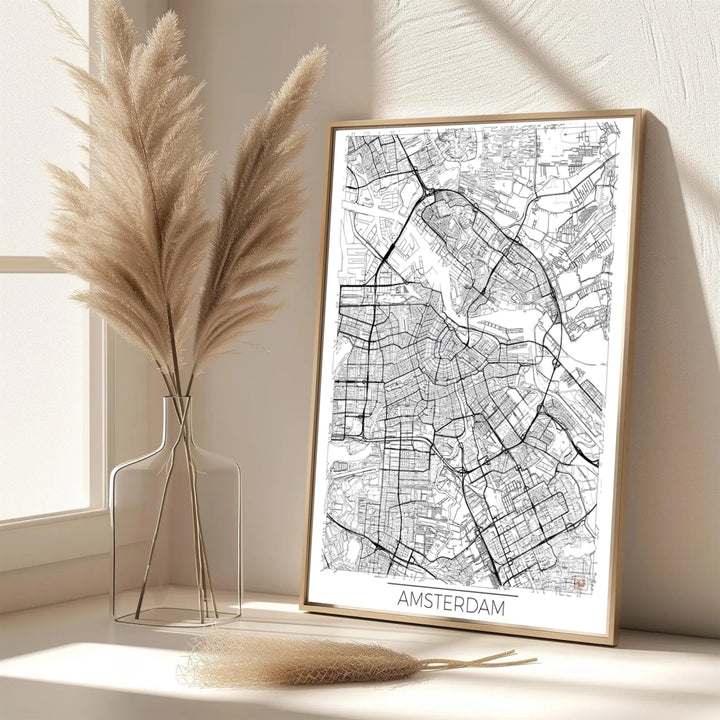 Elegant monochrome map print featuring the detailed road network and geographic contours of Amsterdam Netherlands, provided by MapYourDreams as an unframed paper print, a gallery wrapped canvas, or a custom framed presentation style for map collectors.