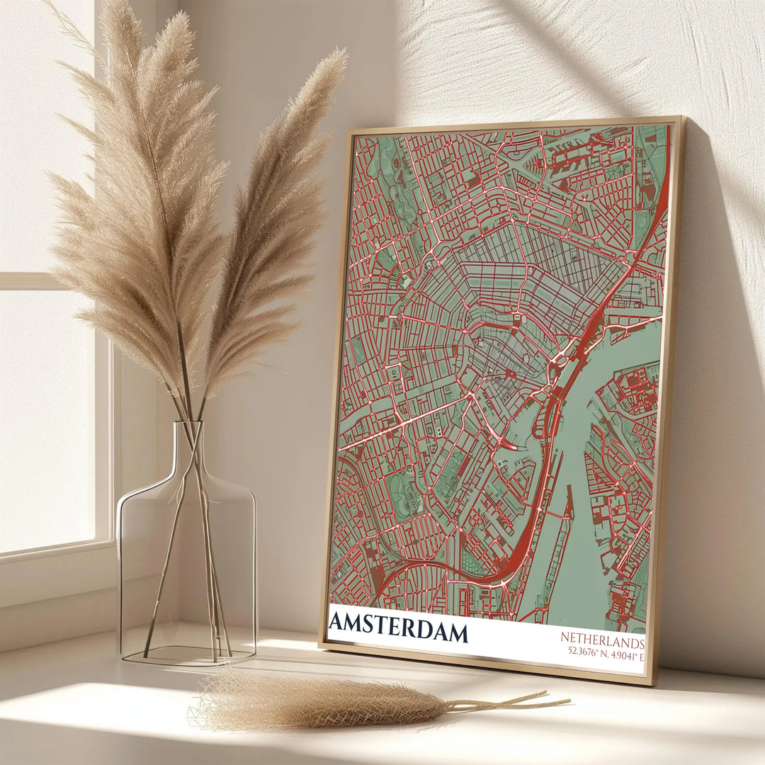 Elegant color-blocked map print featuring the detailed road network and geographic contours of Amsterdam Netherlands, provided by MapYourDreams as an unframed paper print, a gallery wrapped canvas, or a custom framed presentation style for map collectors.