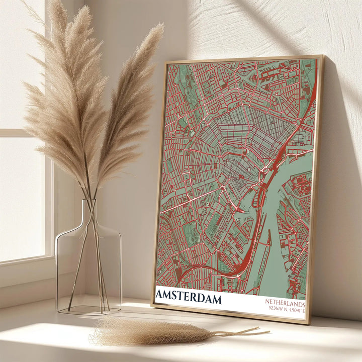 Elegant color-blocked map print featuring the detailed road network and geographic contours of Amsterdam Netherlands, provided by MapYourDreams as an unframed paper print, a gallery wrapped canvas, or a custom framed presentation style for map collectors.