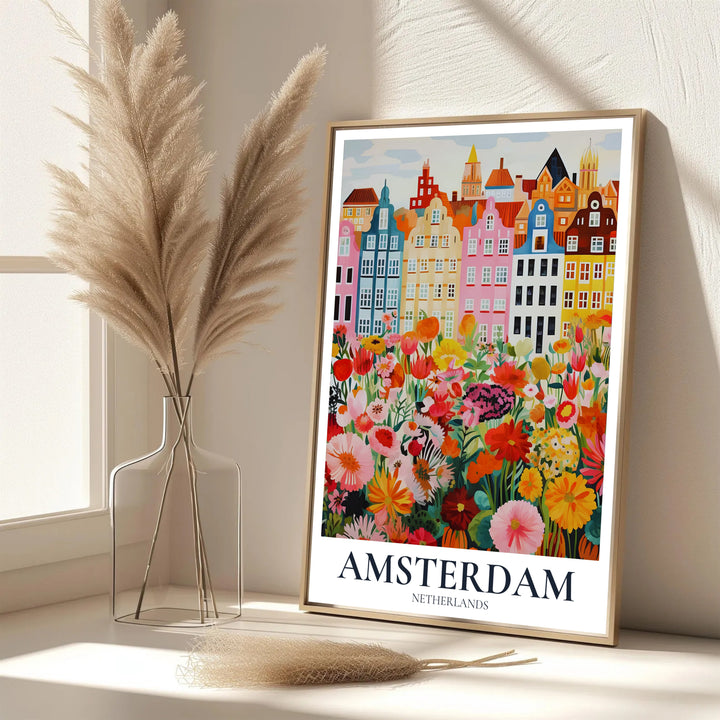 Elegant botanical travel print featuring pastel gable buildings and rich spring flowers in Amsterdam Netherlands, provided by MapYourDreams as an unframed paper print, a gallery wrapped canvas, or a custom framed presentation style for lovers of European art.