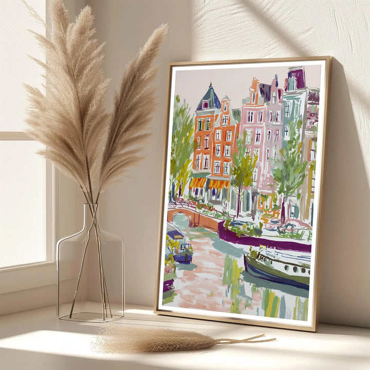 Elegant painterly travel print featuring pastel brick buildings and tranquil canal waters in Amsterdam Netherlands, provided by MapYourDreams as an unframed paper print, a gallery wrapped canvas, or a custom framed presentation style for lovers of fine art illustrations.