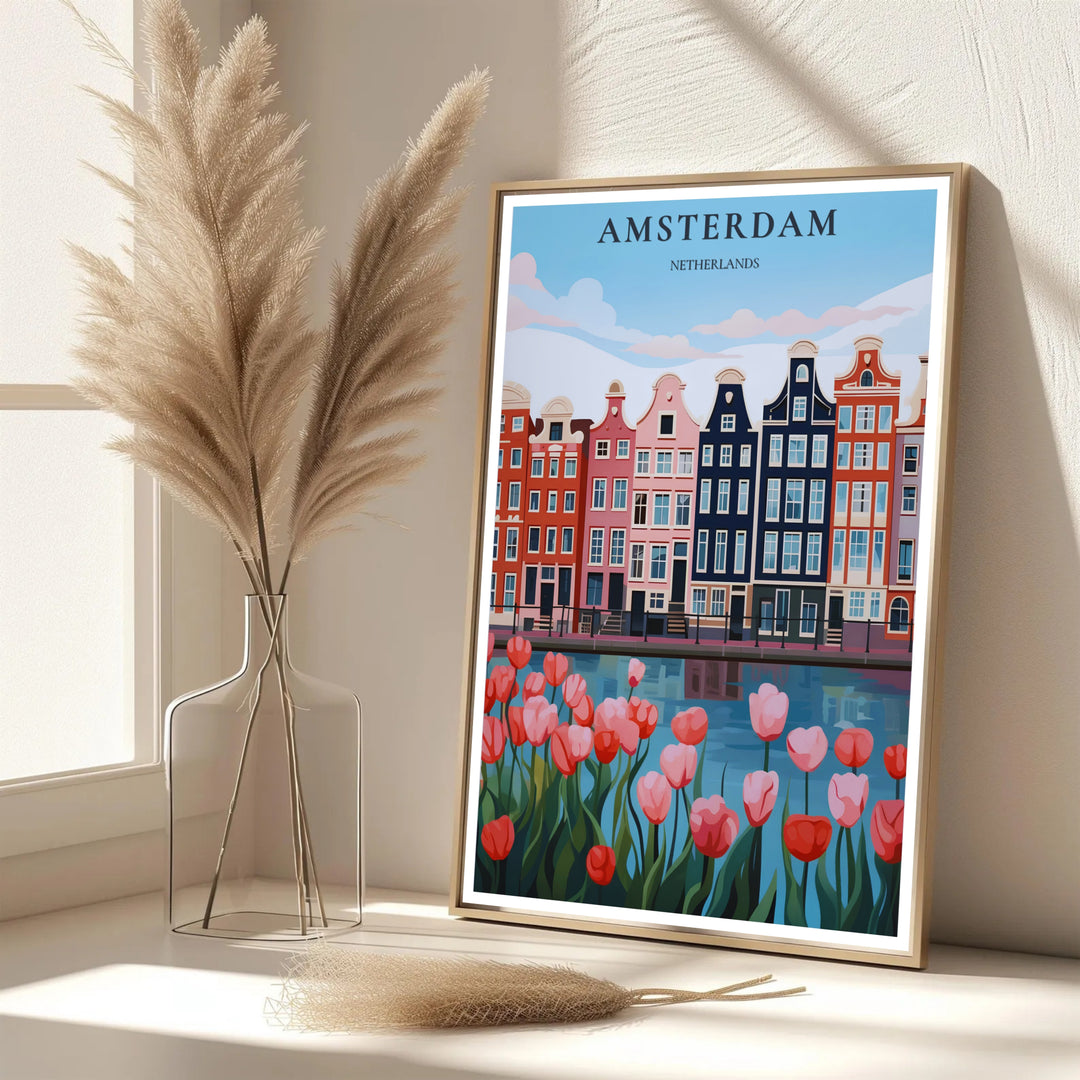 Elegant graphic travel print featuring crisp navy and pink building facades along an Amsterdam canal, provided by MapYourDreams as an unframed paper print, a gallery wrapped canvas, or a custom framed presentation style for lovers of modern illustration art.