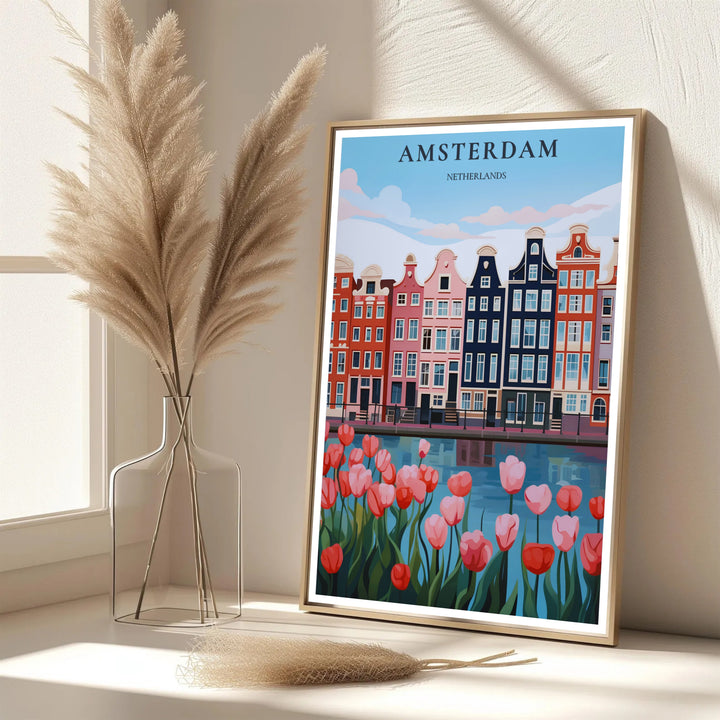 Elegant graphic travel print featuring crisp navy and pink building facades along an Amsterdam canal, provided by MapYourDreams as an unframed paper print, a gallery wrapped canvas, or a custom framed presentation style for lovers of modern illustration art.