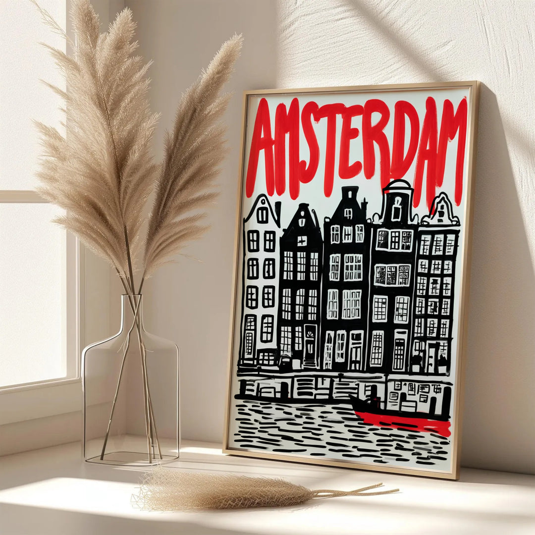 Elegant linocut travel print featuring stark black building facades and red canal boat accents in Amsterdam, provided by MapYourDreams as an unframed paper print, a gallery wrapped canvas, or a custom framed presentation style for lovers of graphic printmaking art.