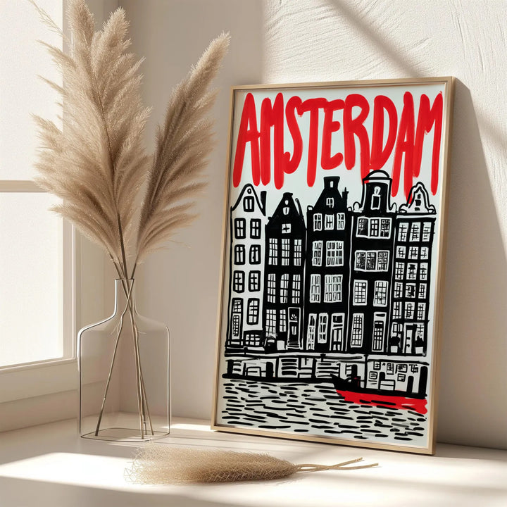 Elegant linocut travel print featuring stark black building facades and red canal boat accents in Amsterdam, provided by MapYourDreams as an unframed paper print, a gallery wrapped canvas, or a custom framed presentation style for lovers of graphic printmaking art.