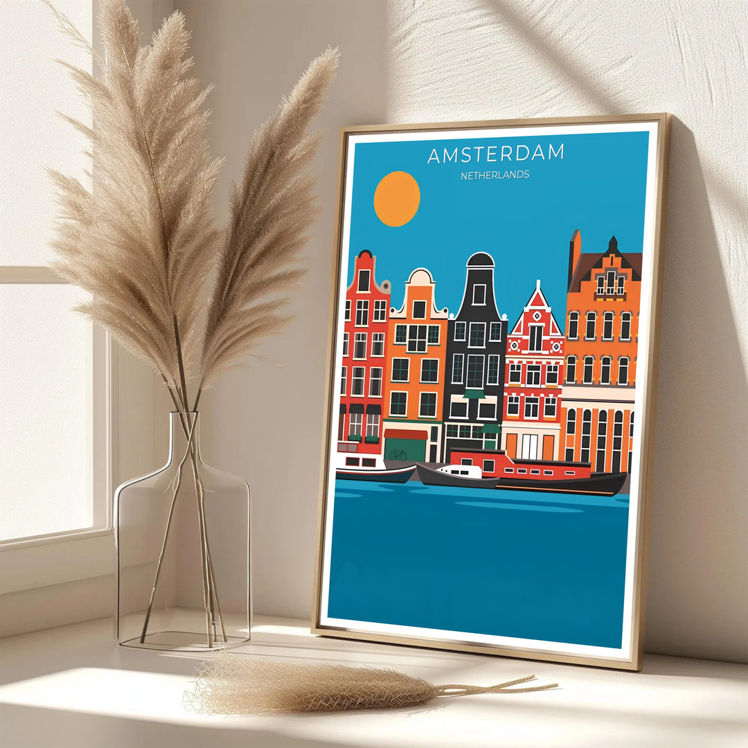Crisp vector print of historic Amsterdam canal houses paired with a retro golden sun and cyan sky, available from MapYourDreams where you can select between premium unframed paper, gallery canvas, or custom framed wall art options for colorful interior spaces.