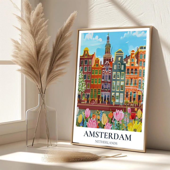 Elegant spring European print featuring terracotta building facades and blooming tulips along an Amsterdam canal, provided by MapYourDreams as an unframed paper print, a gallery wrapped canvas, or a custom framed presentation style for lovers of painterly landscape art.