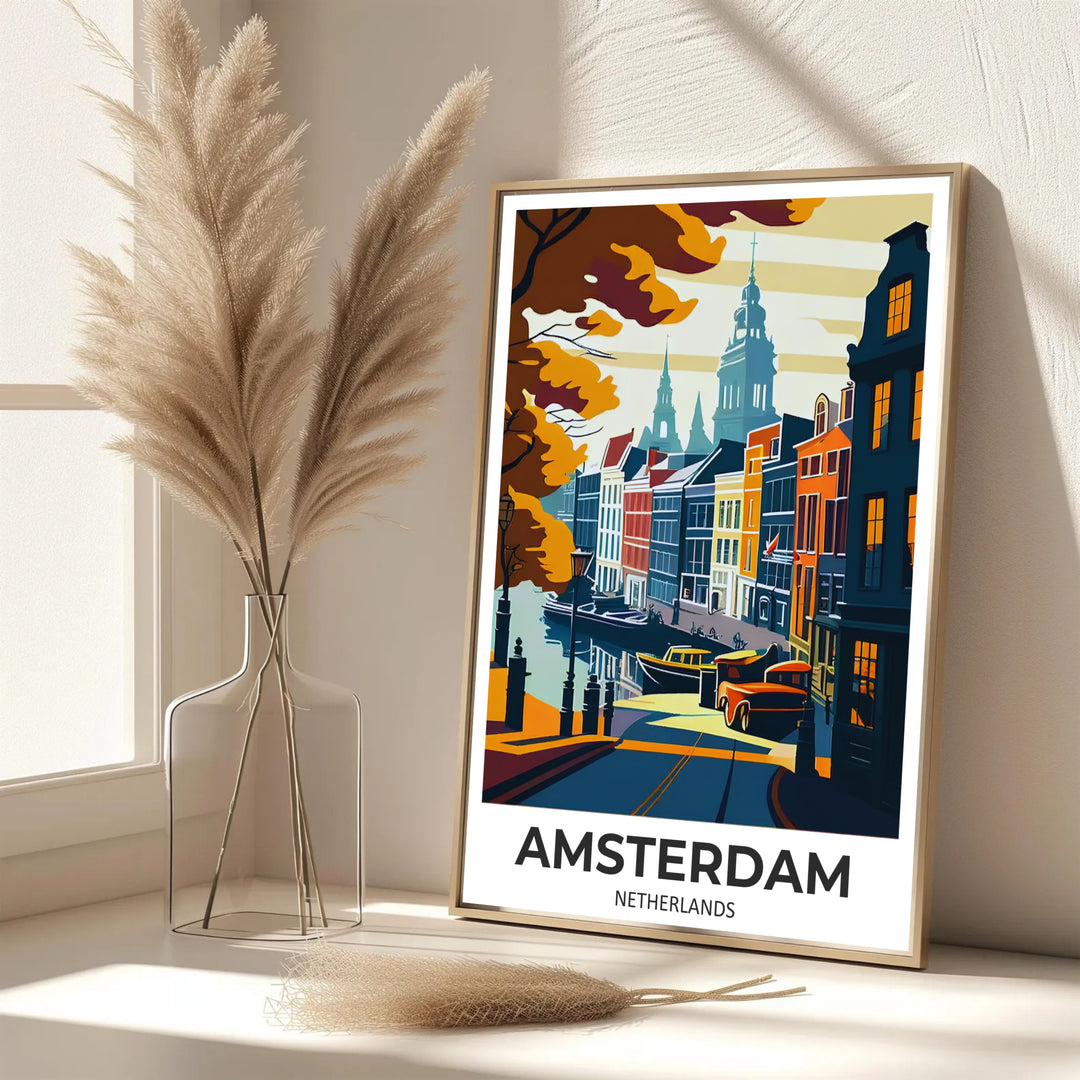 Elegant golden-hour European print featuring rust and navy building facades along an Amsterdam canal, provided by MapYourDreams with options for an unframed paper print, a gallery wrapped canvas, or a custom framed presentation style for lovers of dramatic architectural travel art.