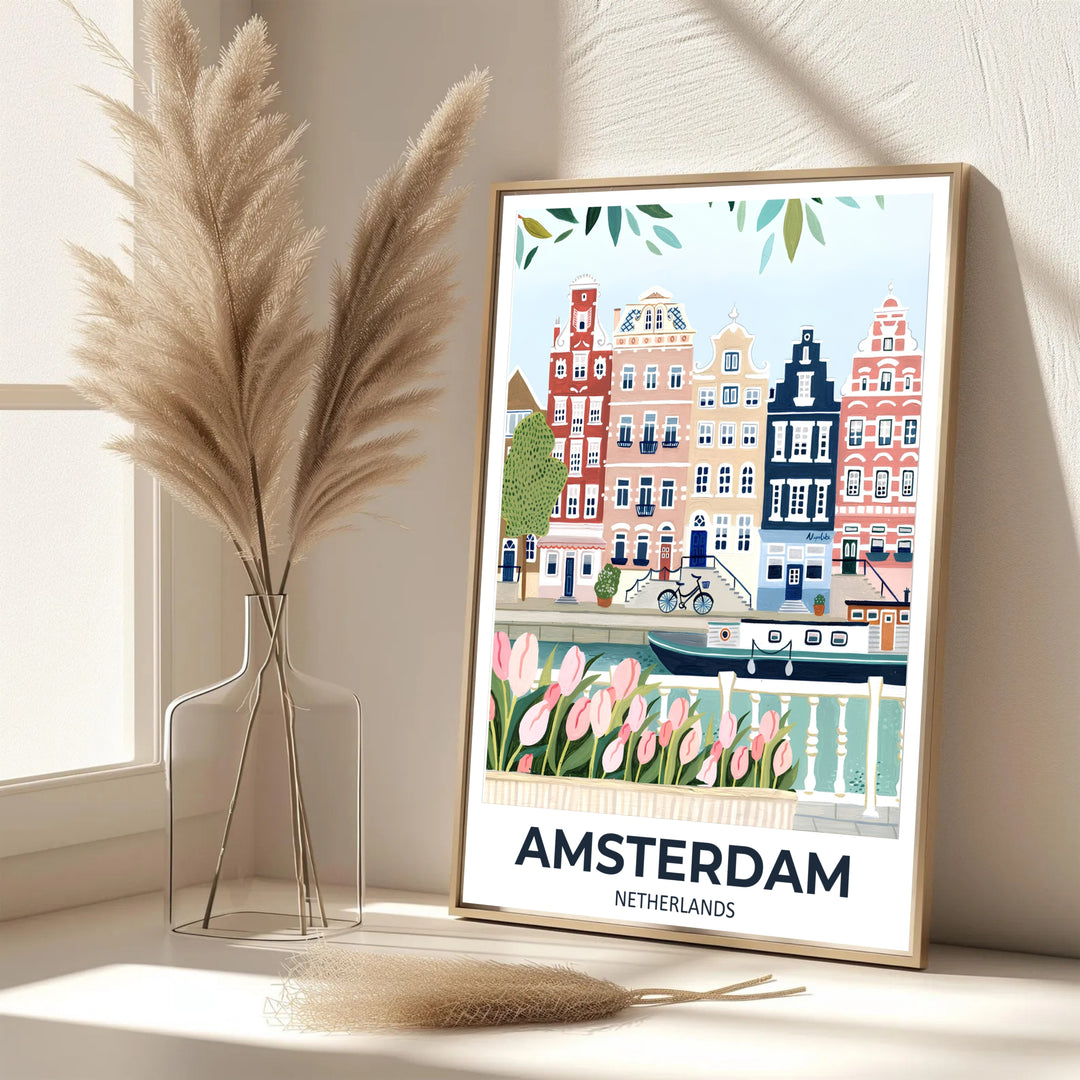 Elegant soft pastel European print featuring blush and terracotta building facades along an Amsterdam canal, provided by MapYourDreams with options for an unframed paper print, a gallery wrapped canvas, or a custom framed presentation style for lovers of gentle landscape art.