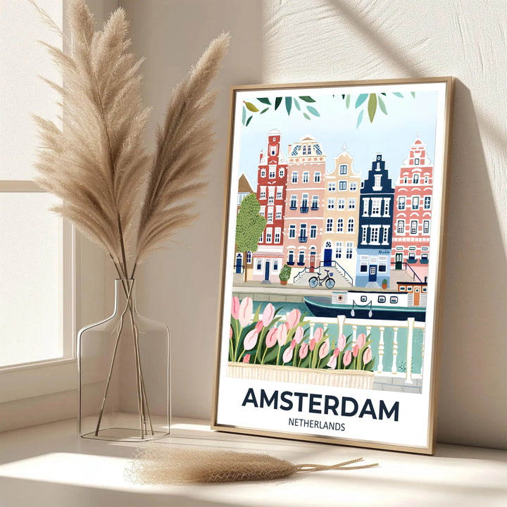 Elegant soft pastel European print featuring blush and terracotta building facades along an Amsterdam canal, provided by MapYourDreams with options for an unframed paper print, a gallery wrapped canvas, or a custom framed presentation style for lovers of gentle landscape art.