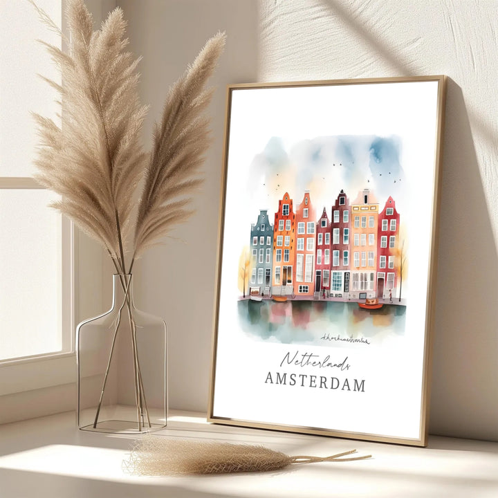 Elegant watercolor European print featuring terracotta and mustard building facades along an Amsterdam canal, provided by MapYourDreams with options for an unframed paper print, a gallery wrapped canvas, or a custom framed presentation style for lovers of storybook landscape art.