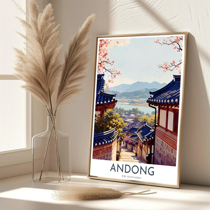 Modern vector travel print of Andong in South Korea highlighting the scenic curve of the Nakdong River alongside historic UNESCO heritage Hanok houses. Offered by MapYourDreams, this artwork is available in flexible options including unframed paper, custom wooden frames, and gallery canvas wraps.