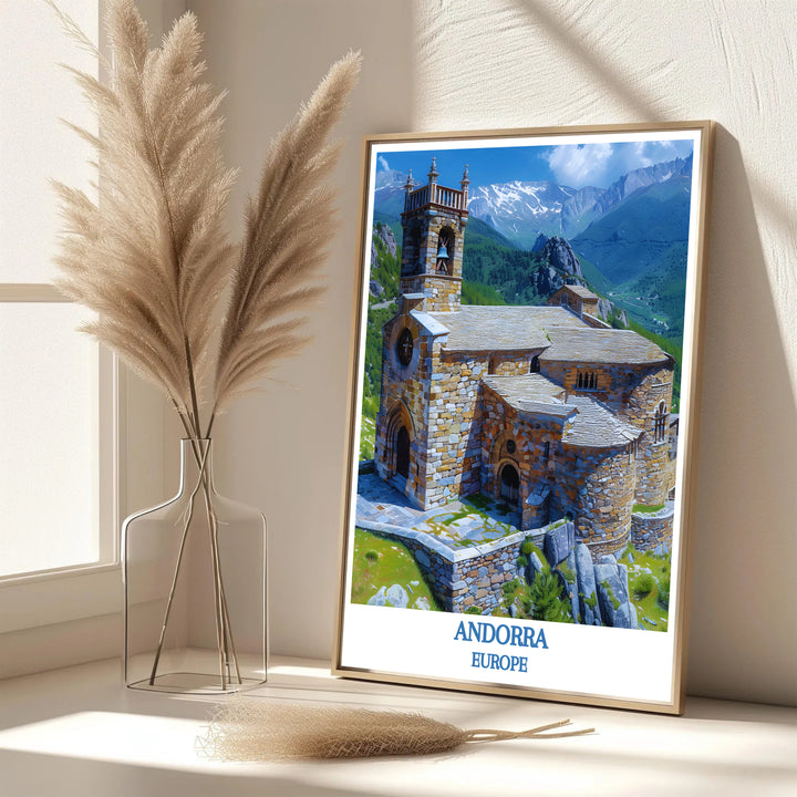 Serene Pyrenean mountain vibes and picturesque stone church graphics define this Sant Joan de Caselles Church Andorra travel poster print. MapYourDreams features framed, unframed, and canvas options for bedroom decor.