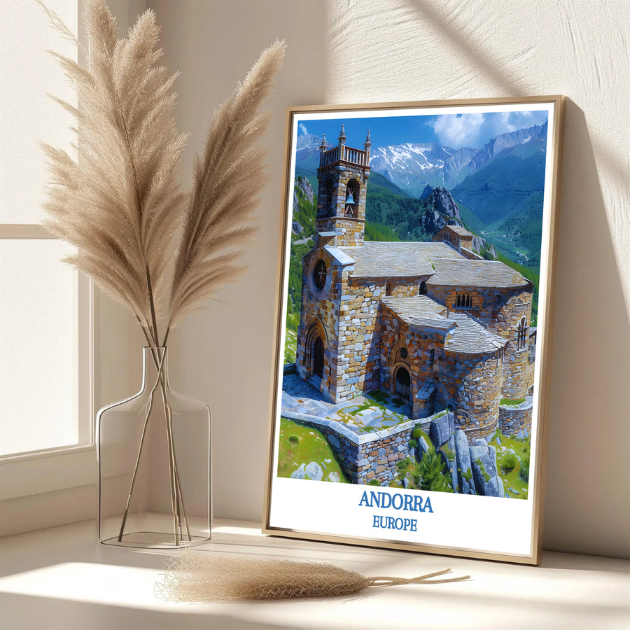 Serene Pyrenean mountain vibes and picturesque stone church graphics define this Sant Joan de Caselles Church Andorra travel poster print. MapYourDreams features framed, unframed, and canvas options for bedroom decor.