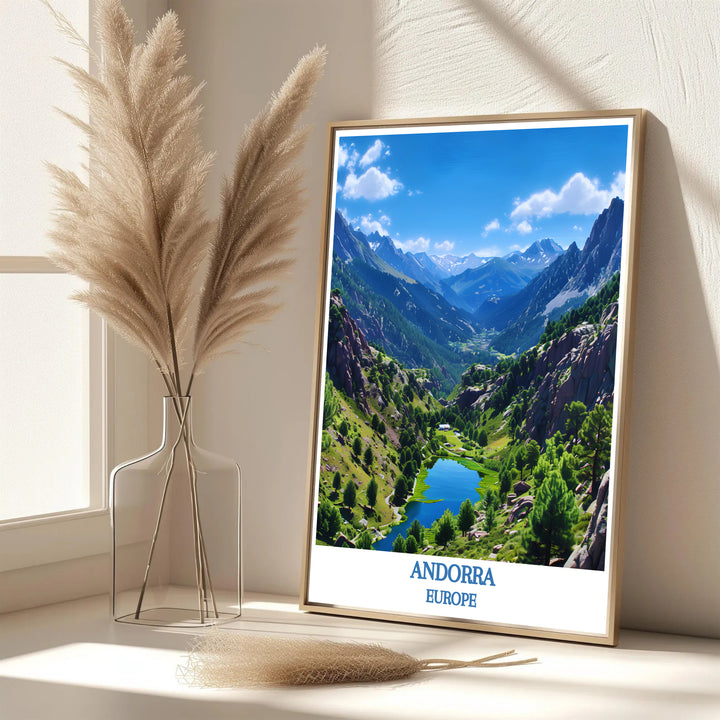 Serene Pyrenean mountain energy and scenic glacial tarn views define this Valley of Madriu-Perafita-Claror Andorra travel poster print. MapYourDreams features framed, unframed, and canvas options for home decor.