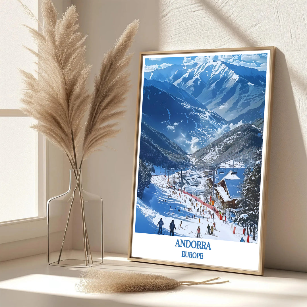 Energizing ski slope vibes and picturesque Pyrenees mountain peaks define this Vallnord Ski Resort Andorra travel poster print. MapYourDreams features framed, unframed, and canvas options for decor.