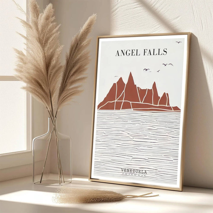 Scenic travel poster displaying the world-famous Angel Falls in a refined boho neutral and terracotta color palette. Handpicked for the MapYourDreams catalog, this artwork is available in flexible styles including unframed paper prints, wooden frames, or gallery canvas.