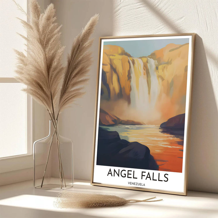 Scenic travel poster displaying the world-famous Angel Falls in a rich golden hour impressionistic color palette. Handpicked for the MapYourDreams catalog, this artwork is available in flexible styles including unframed paper prints, wooden frames, or gallery canvas.