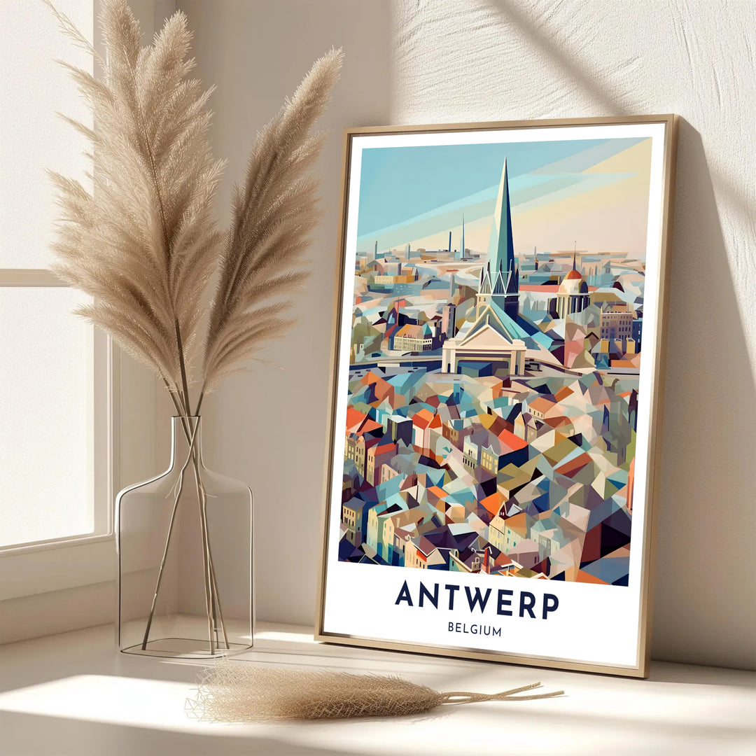 A refined architectural print highlighting the skyline of Antwerp, Belgium, with colorful cubist shapes depicting traditional European gables and spires. Offered in flexible choices such as unframed archival poster paper, custom wood framing, and gallery canvas wraps.