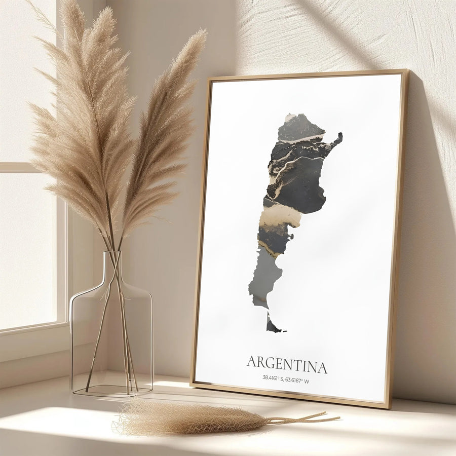 Argentina country outline artwork in a black and gold color palette mounted on white backing for modern wall styling. An exclusive from MapYourDreams, you can select your preferred style from borderless paper prints, custom wooden framing, or gallery canvas wraps.