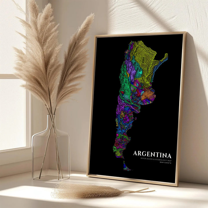 Educational Argentina river basin poster presenting complex hydrologic data as a stunning piece of modern wall art. Handpicked for the MapYourDreams catalog, this artwork is available in flexible styles including unframed paper prints, wooden frames, or gallery canvas.