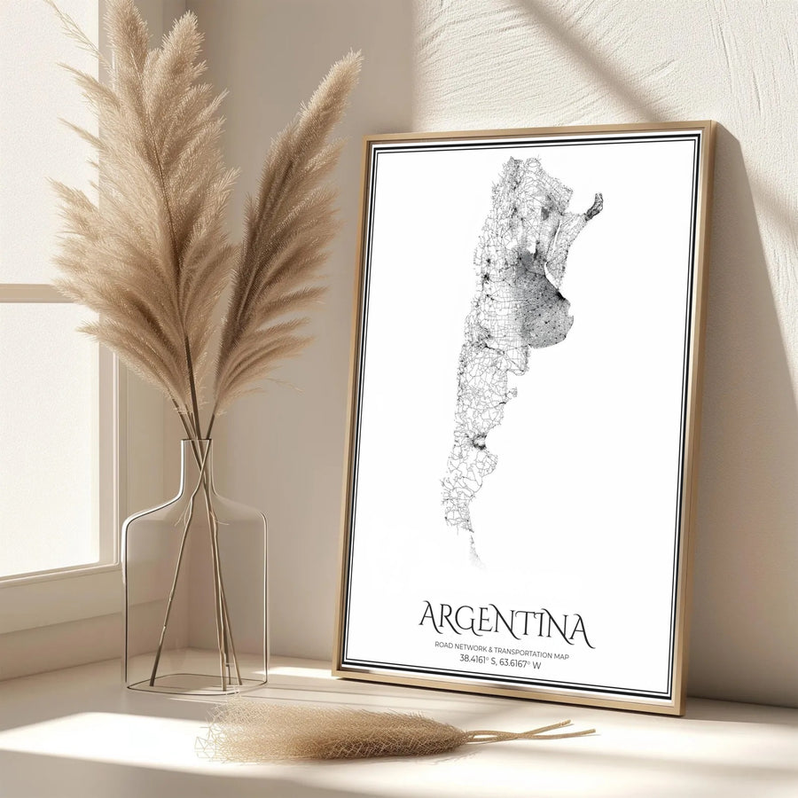 Minimalist black and white Argentina transportation map poster displaying dense highway lines and transit routes in clean monochrome art. Crafted by MapYourDreams, this artwork can be tailored to your space in flexible formats such as unframed fine art paper, handcrafted timber frames, or stretched canvas wraps.
