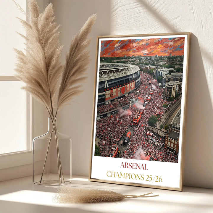 Full aerial composition painting poster of Arsenal FC 25/26 Champions parade outside Emirates Stadium, available as unframed prints, framed wall art, or canvas options for North London wall displays.