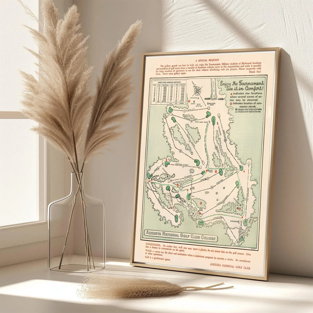 Cartographic fine art print of the 1954 Augusta Georgia golf course highlighting historical course design. Offered by MapYourDreams, this artwork is available in flexible options including unframed paper, custom wooden frames, and gallery canvas wraps for tailored home wall decor setups.