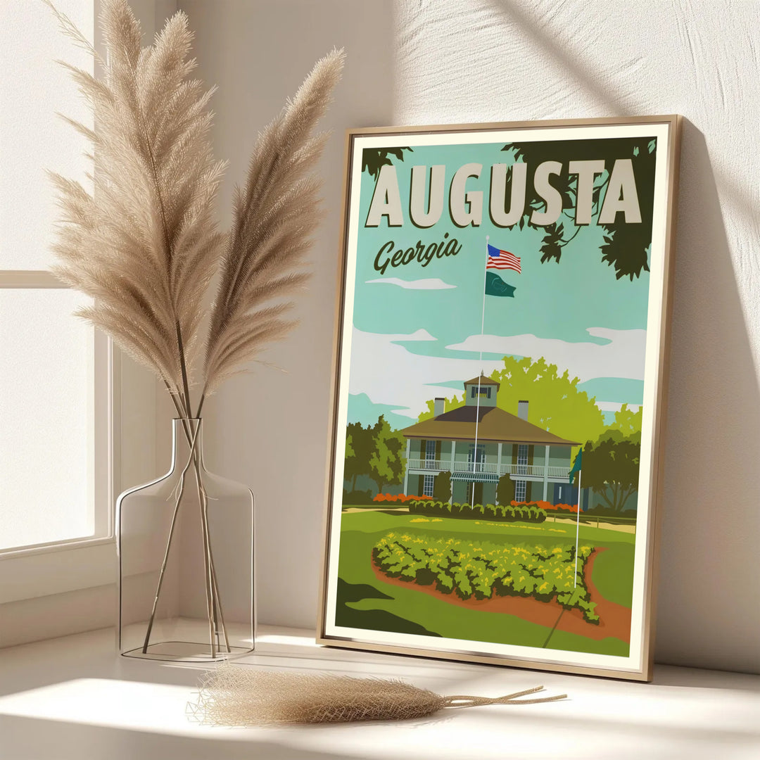 Fine art Augusta Georgia golf course print showcasing the Founders Circle lawn arrangement and white pillars. Offered by MapYourDreams, this artwork is available in flexible options including unframed paper, custom wooden frames, and gallery canvas wraps for tailored home wall decor setups.