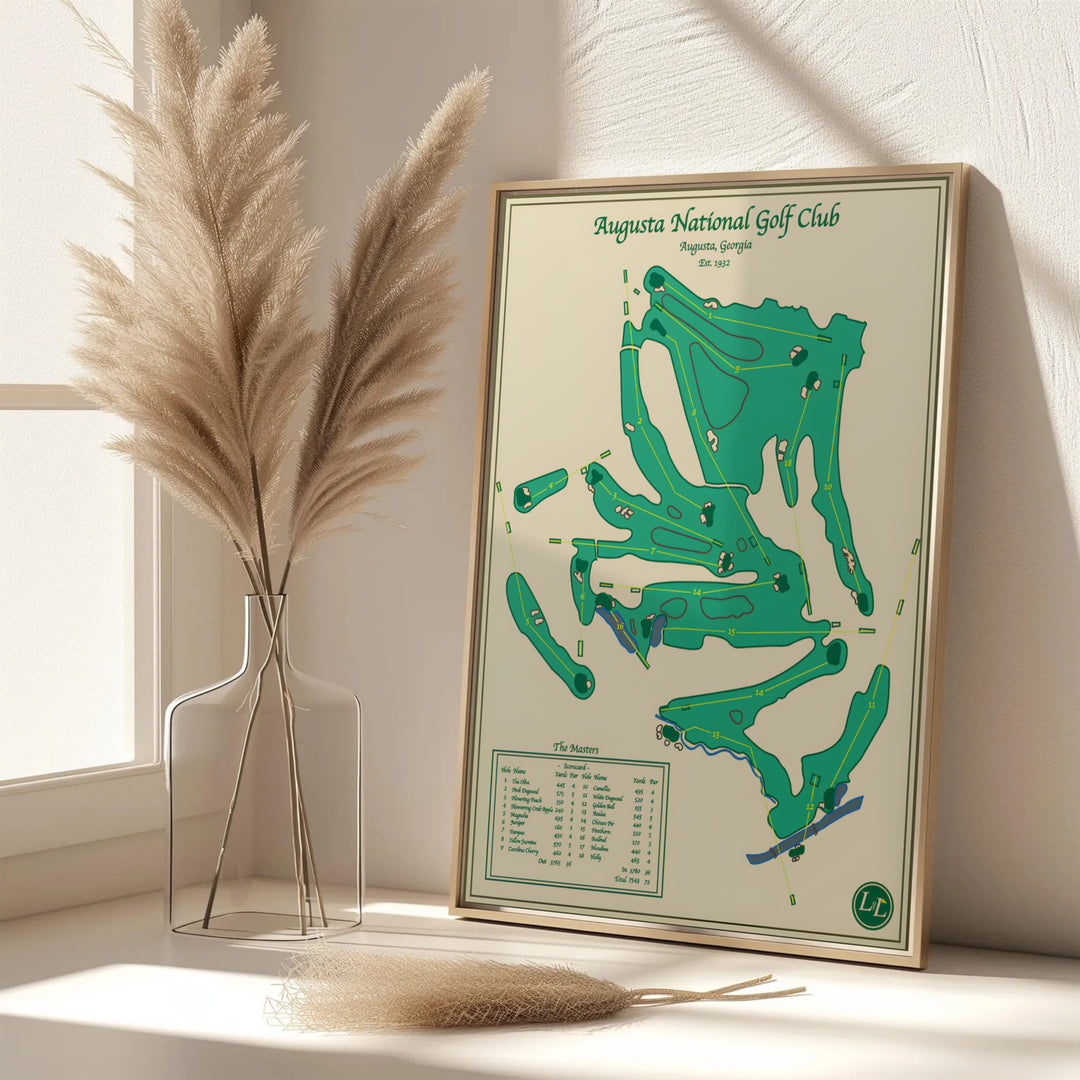 Fine art Augusta Georgia golf print featuring precise hole layout schematics and classic Southern golf decor style. Offered by MapYourDreams, this artwork is available in flexible options including unframed paper, custom wooden frames, and gallery canvas wraps for tailored home wall decor setups.