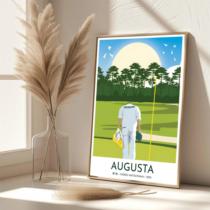 Japanese style golf print featuring the word Augusta, Japanese kanji for respect, and a caddie bowing after Hideki Matsuyama&