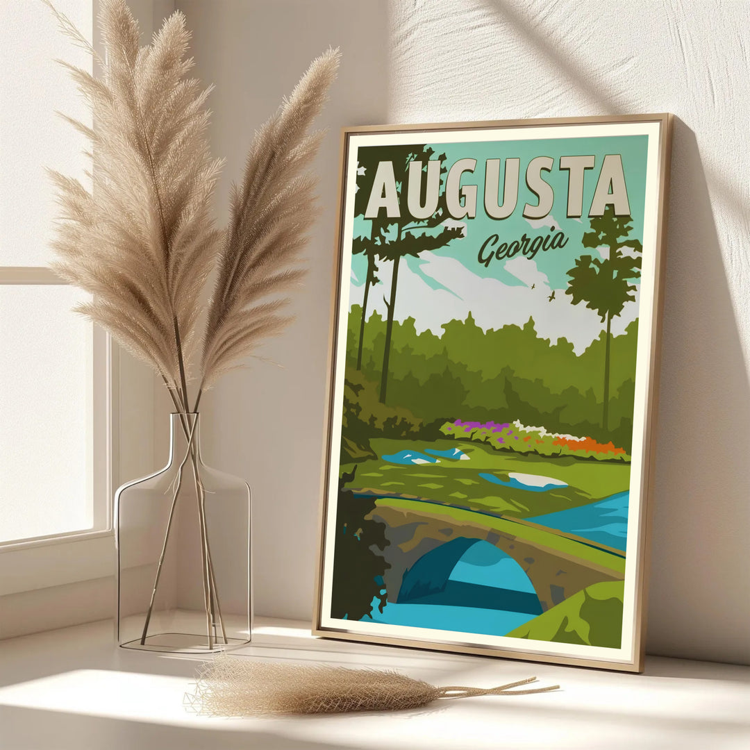Retro style golf print featuring the words Augusta Georgia in vintage serif fonts above the iconic Hogan Bridge and Rae&