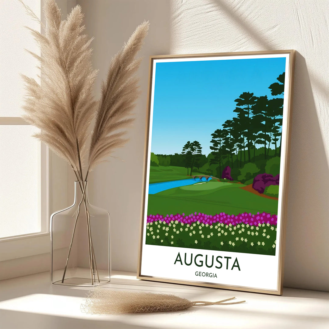 Minimalist Golden Bell 12th green golf print capturing the timeless landscape of Augusta Georgia with clean white bottom border typography reading AUGUSTA GEORGIA. Offered by MapYourDreams, this artwork is available in flexible options including unframed paper, custom wooden frames, and gallery canvas wraps for tailored home wall decor setups.