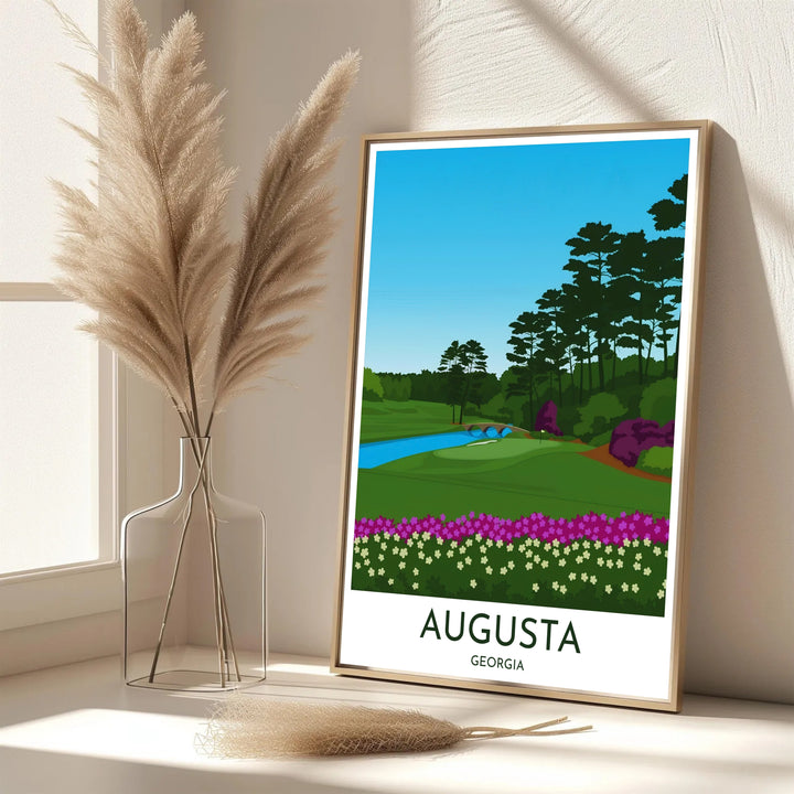 Minimalist Golden Bell 12th green golf print capturing the timeless landscape of Augusta Georgia with clean white bottom border typography reading AUGUSTA GEORGIA. Offered by MapYourDreams, this artwork is available in flexible options including unframed paper, custom wooden frames, and gallery canvas wraps for tailored home wall decor setups.