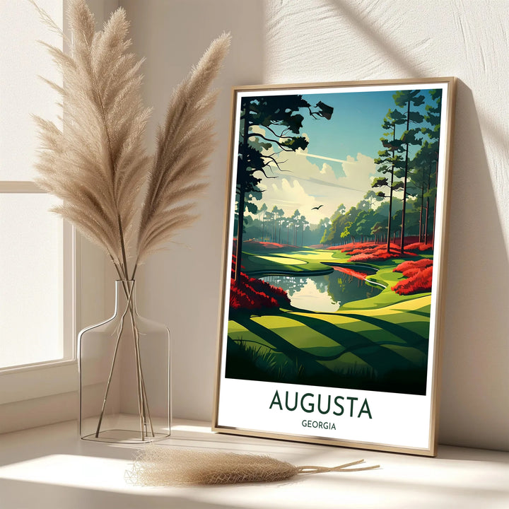 Modern graphic golf print featuring text reading AUGUSTA GEORGIA in elegant typography below a scenic view of Hole 13 Azalea. Offered by MapYourDreams, this artwork is available in flexible options including unframed paper, custom wooden frames, and gallery canvas wraps for tailored home wall decor setups.